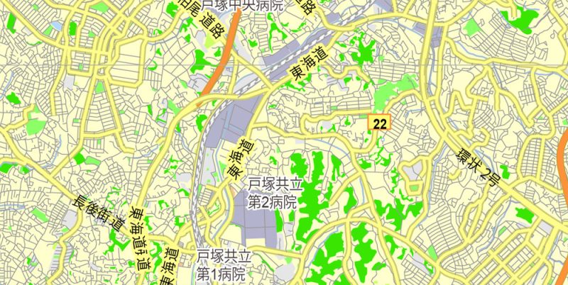 Printable Map Yokohama, Japan, exact vector map G-View level 13 (2,000 meters) street City Plan V.3.09 full editable, Adobe Illustrator, full vector, scalable, editable text format street names, 14 mb ZIP
