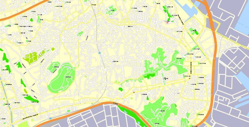 Printable Map Yokohama, Japan, printable exact vector map G-View level 16 (250 meters) street City Plan V.3.09 full editable, Adobe Illustrator, full vector, scalable, editable text format street names, 19 mb ZIP