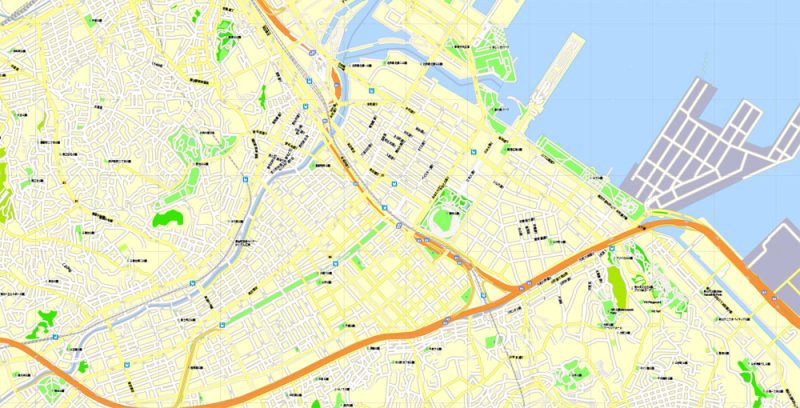 Printable Map Yokohama, Japan, printable exact vector map G-View level 16 (250 meters) street City Plan V.3.09 full editable, Adobe Illustrator, full vector, scalable, editable text format street names, 19 mb ZIP