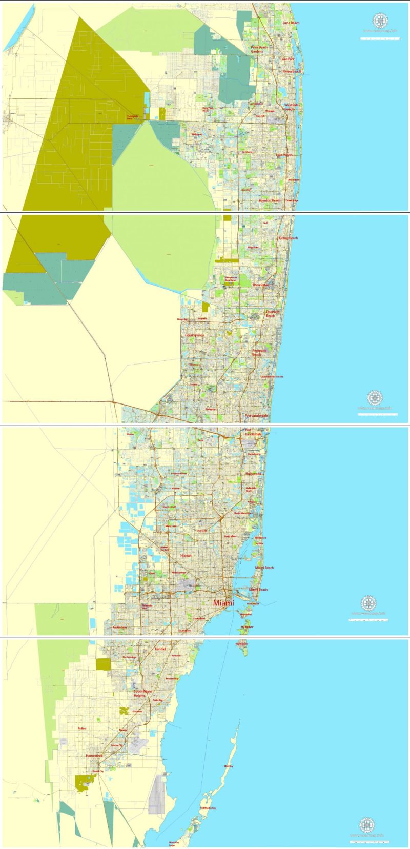 Printable Map Greater Miami, Florida, US, exact vector street City Plan map in 4 parts V5.10, full editable, Adobe Illustrator, full vector, scalable, editable text format street names, 57 mb ZIP