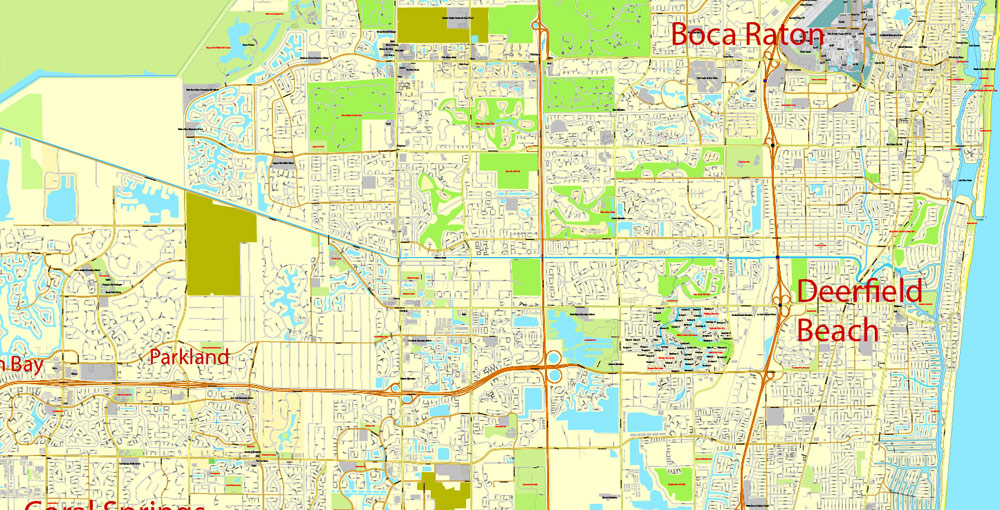 Printable Map Greater Miami, Florida, US, exact vector street City Plan map in 4 parts V5.10, full editable, Adobe Illustrator, full vector, scalable, editable text format street names, 57 mb ZIP