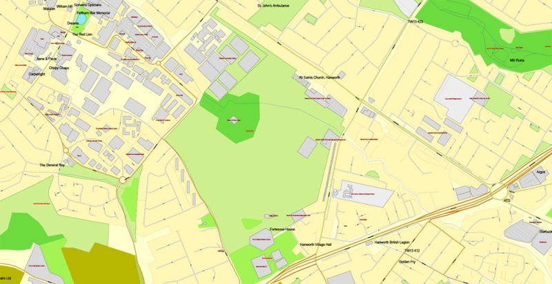 Printable Map Heathrow, Feltham, Hounslow map (part of Greater London Map), England UK, printable vector map Adobe Illustrator editable City Plan, full vector, scalable, editable, text format street names, 5 mb ZIP
