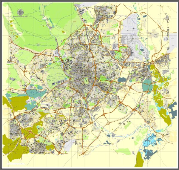 PDF map Madrid, Spain, printable vector street City Plan map, full editable, Adobe PDF, full vector, scalable, editable, text format street names, 47 mb ZIP