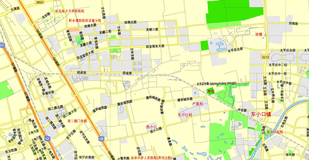 Printable Map Beijing, China, exact vector street G-view Level 13 (2.000 meters) map, full editable, Adobe illustrator, full vector, scalable, editable, text format street names, 7 mb ZIP