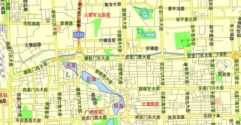 Printable Map Beijing, China, exact vector street G-view Level 13 (2.000 meters) map, full editable, Adobe illustrator, full vector, scalable, editable, text format street names, 7 mb ZIP