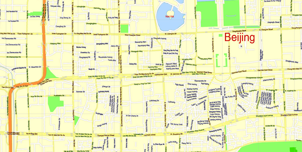 Printable Map Beijing, China, exact vector street G-view Level 15 (500 meters scale) map, full editable in ENGLISH, Adobe illustrator, full vector, scalable, editable, text format street names, 7 mb ZIP