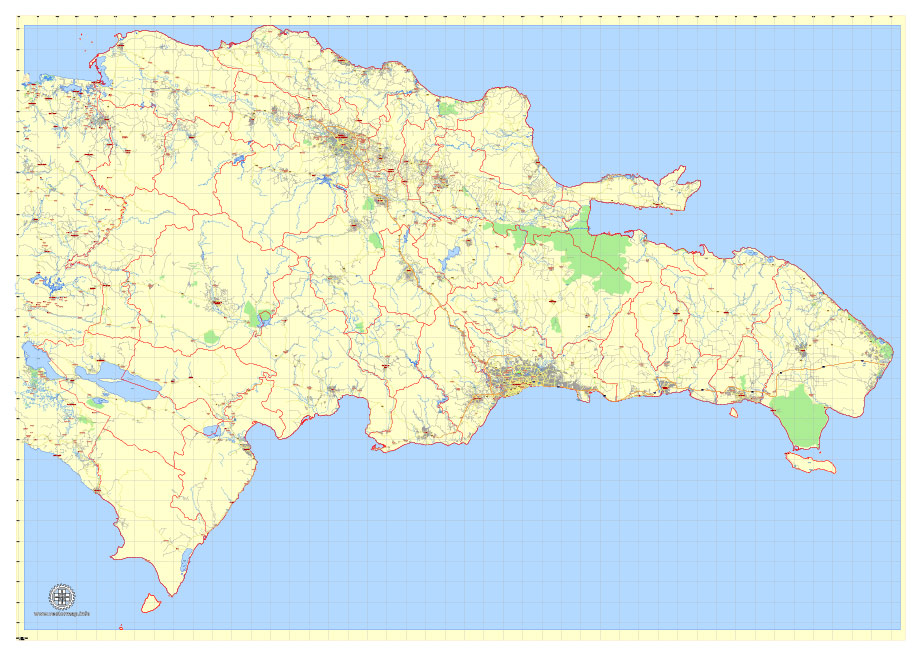 Printable Dominican Republic Detailed Map, exact G-View Level 12 (5 km scale) vector map Adobe PDF editable A3, scalable, Text format names, 15 Mb ZIP.