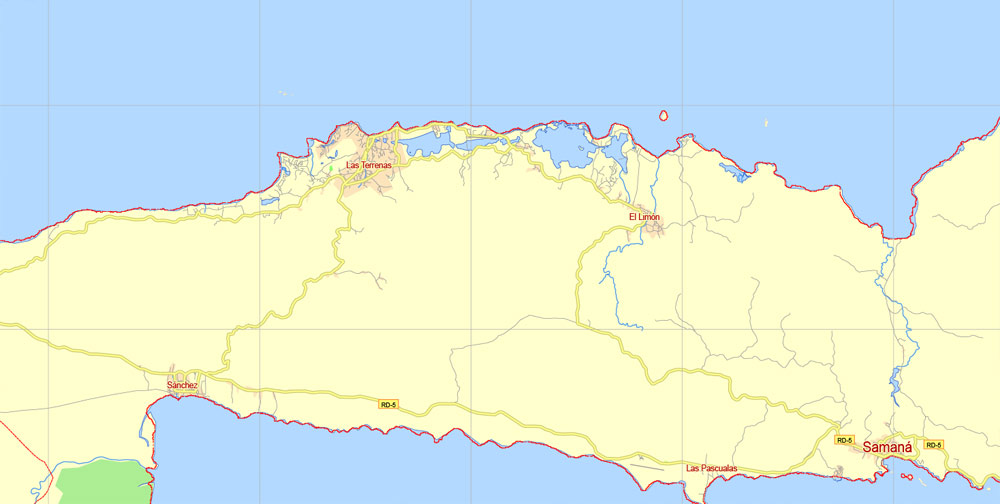 Printable Dominican Republic Detailed Map, exact G-View Level 12 (5 km scale) vector map Adobe Illustrator editable A3, scalable, Text format names, 8 Mb ZIP.