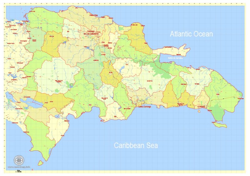 Printable Dominican Republic Detailed Map, exact G-View Level 12 (5 km scale) vector map Adobe Illustrator editable A3 Simple version, scalable, Text format names, 6 Mb ZIP.
