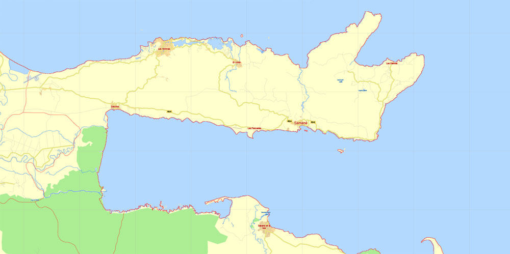 Printable Dominican Republic Extra Detailed Map, exact G-View Level 12 (5 km scale) vector map Adobe Illustrator editable, scalable, Text format names, 9 Mb ZIP