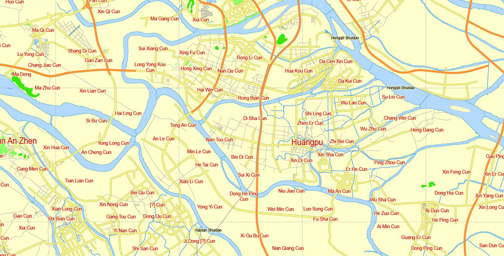 free printavle map Guangzhou, English vector map Guangzhou