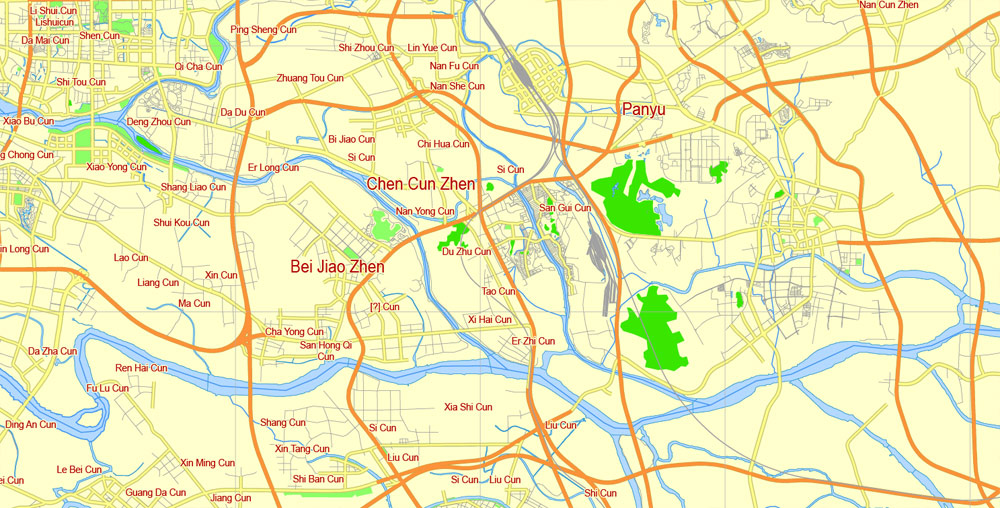 Guangzhou PDF Map China printable vector City Plan 5 km scale full editable in ENGLISH Adobe PDF Street Map