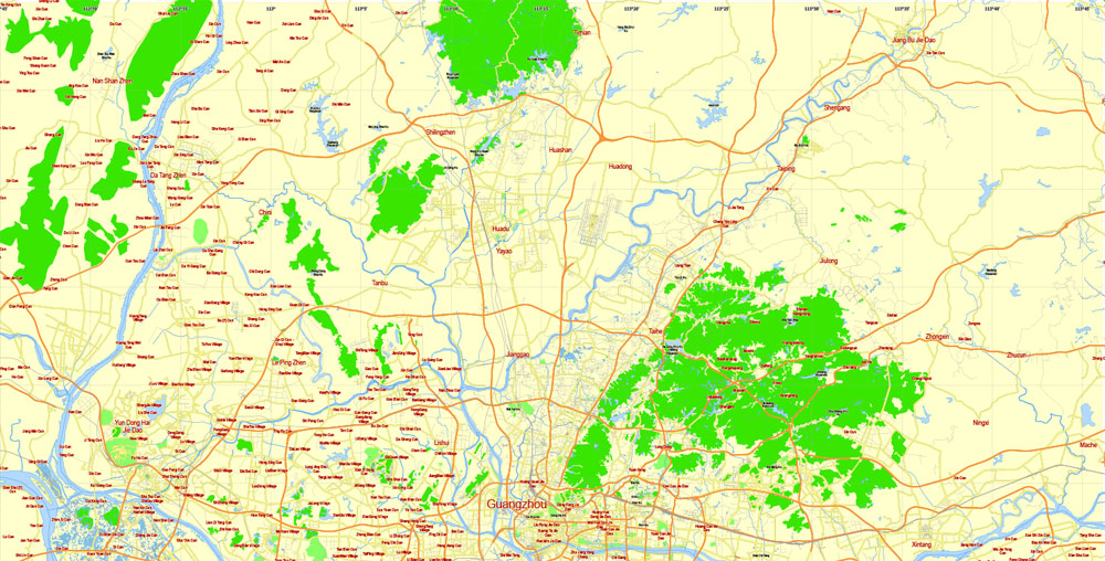 free printavle map Guangzhou, English vector map Guangzhou