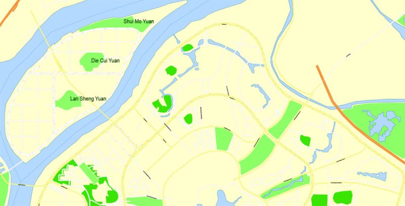 Printable Map Guangzhou, China, exact vector street G-view Level 17 (100 meters scale) map, full editable in ENGLISH, Adobe illustrator, full vector, scalable, editable, text format street names, 13 mb ZIP