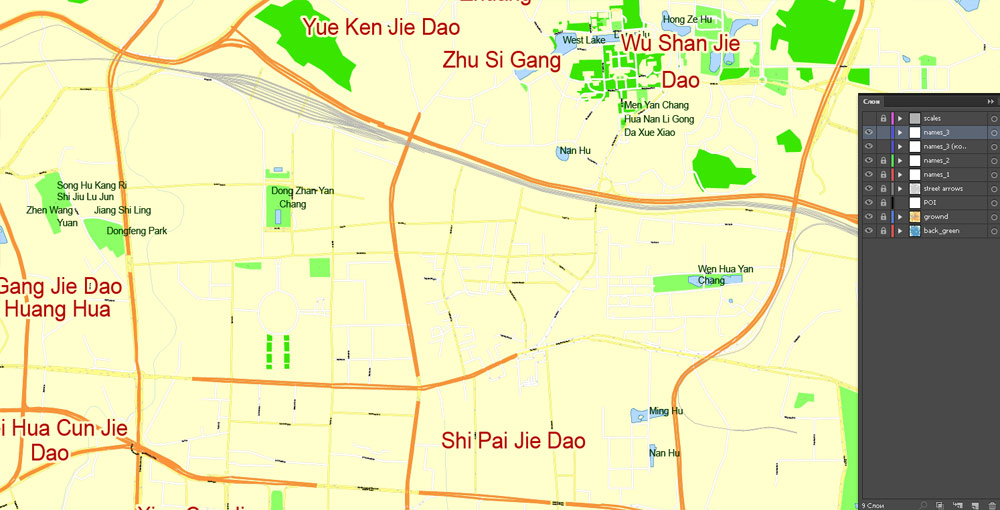 Printable Map Guangzhou, China, exact vector street G-view Level 17 (100 meters scale) map, full editable in ENGLISH, Adobe illustrator, full vector, scalable, editable, text format street names, 13 mb ZIP