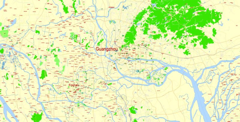 Printable Map Guangzhou, China, exact vector street G-view Level 17 (100 meters scale) map, full editable in ENGLISH, Adobe illustrator, full vector, scalable, editable, text format street names, 13 mb ZIP