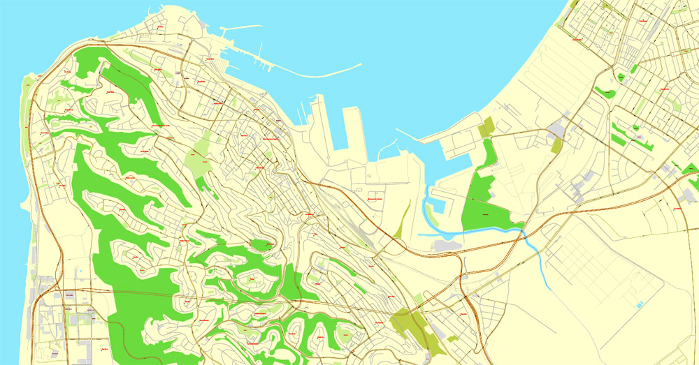 Printable map Haifa, Israel, exact vector map Adobe Illustrator editable City Plan, full vector, scalable, editable, english text format street names, 3 mb ZIP