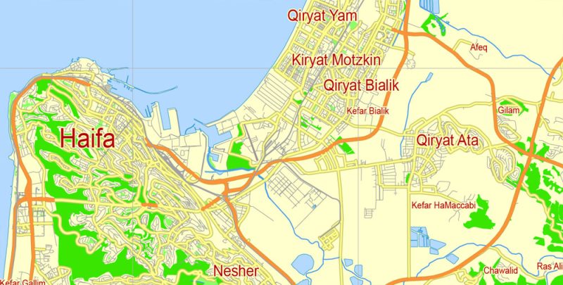 Haifa Vector Map Israel printable 5 km scale Street Map full editable in ENGLISH Adobe illustrator City Plan
