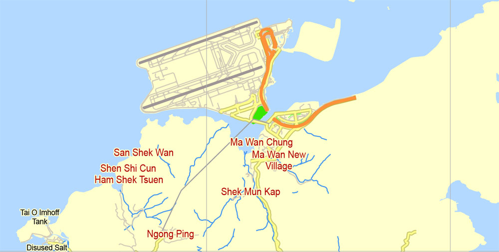 Hong Kong Map PDF China printable vector City Plan 5 km scale full editable in ENGLISH, Adobe PDF Street Map