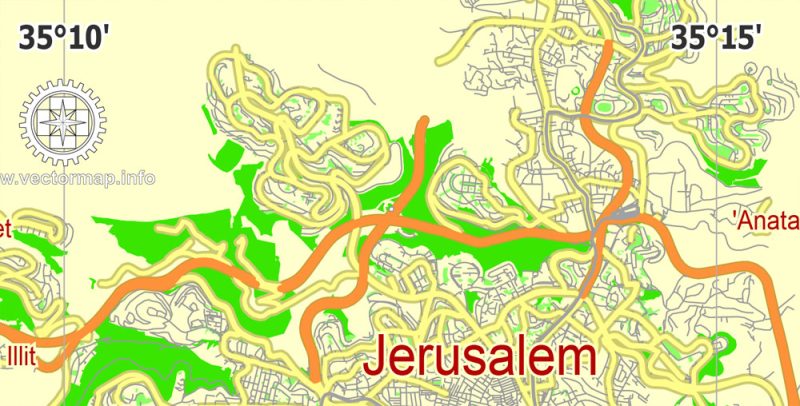 Jerusalem Map Vector Israel printable City Plan 5 km scale full editable Street Map in ENGLISH Adobe illustrator