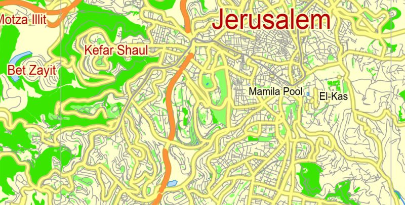 Jerusalem Map Vector Israel printable City Plan 5 km scale full editable Street Map in ENGLISH Adobe illustrator