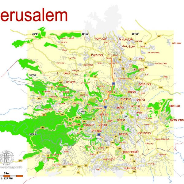 Printable Map Jerusalem, Israel, HEBREW vector map Adobe Illustrator editable G-View Level 12 (5 km scale), full vector, scalable, editable, hebrew curves format names, 2 mb ZIP