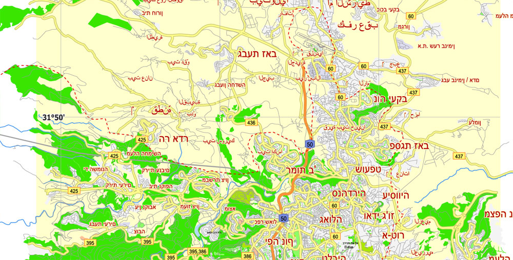 Printable Map Jerusalem, Israel, HEBREW vector map Adobe Illustrator editable G-View Level 12 (5 km scale), full vector, scalable, editable, hebrew curves format names, 2 mb ZIP