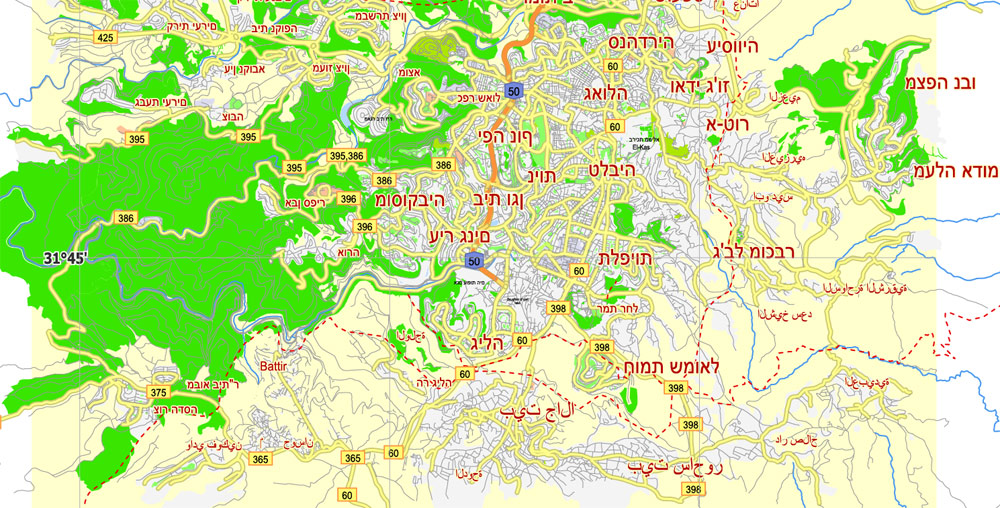 Jerusalem, Israel, printable HEBREW vector map Adobe PDF editable G-View Level 12 (5 km scale), full vector