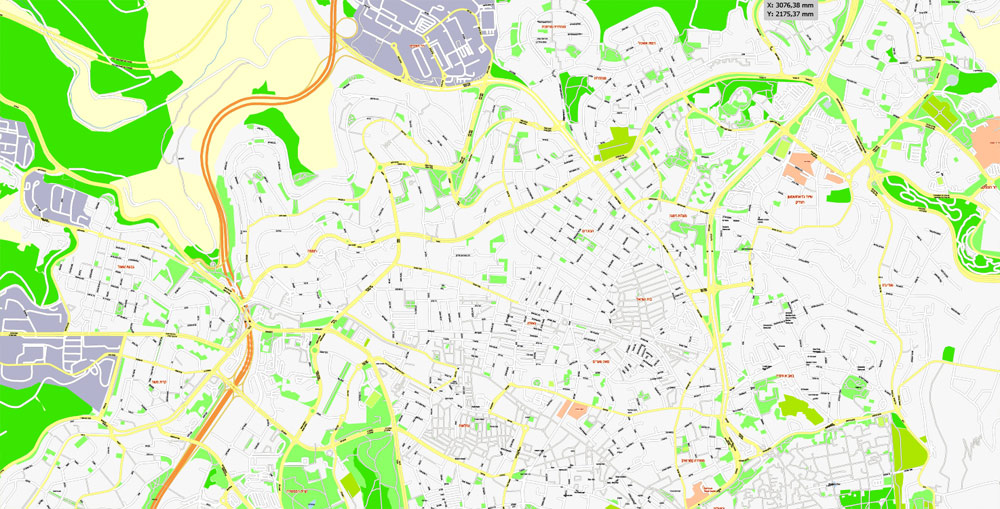 Printable Map Jerusalem, Israel, exact HEBREW vector map Adobe Illustrator editable G-View Level 17 (100 meters scale), full vector, scalable, editable, hebrew curves format street names, 14 mb ZIP
