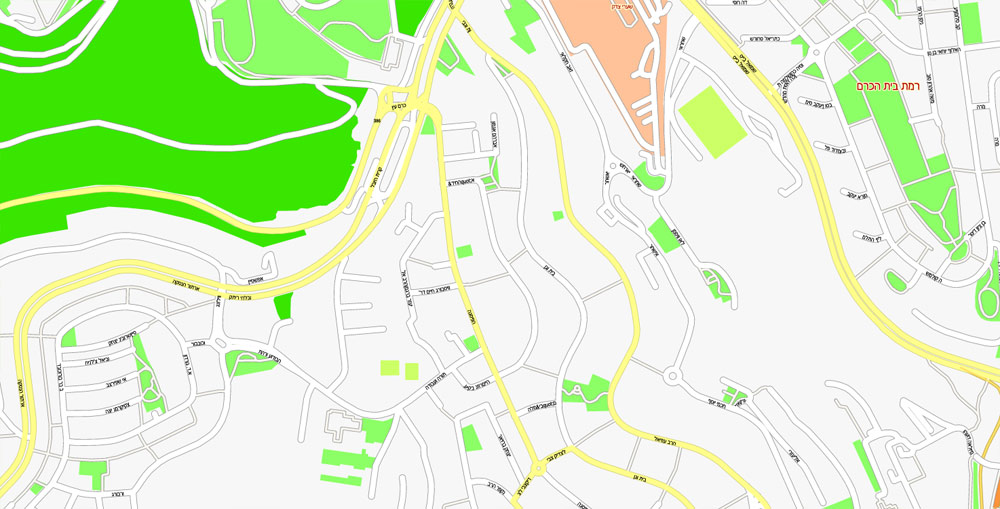 Printable Map Jerusalem, Israel, exact HEBREW vector map Adobe Illustrator editable G-View Level 17 (100 meters scale), full vector, scalable, editable, hebrew curves format street names, 14 mb ZIP