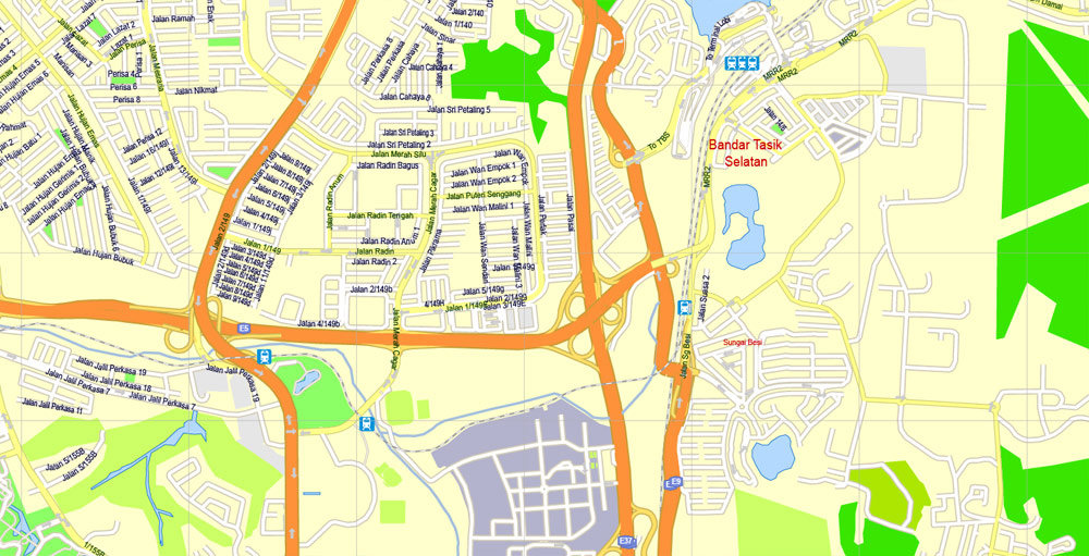 Printable Map Kuala Lumpur, Malaysia, exact vector street G-view Level 15 (500 meters) map, full editable, Adobe illustrator, full vector, scalable, editable, text format street names, 16 mb ZIP