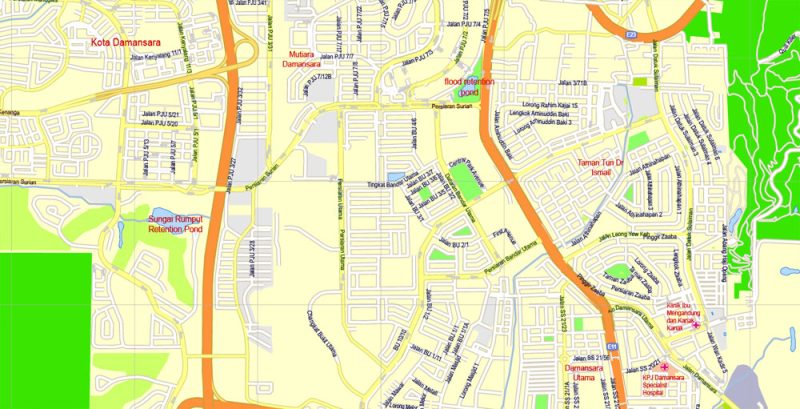 Printable Map Kuala Lumpur, Malaysia, exact vector street G-view Level 15 (500 meters) map, full editable, Adobe illustrator, full vector, scalable, editable, text format street names, 16 mb ZIP