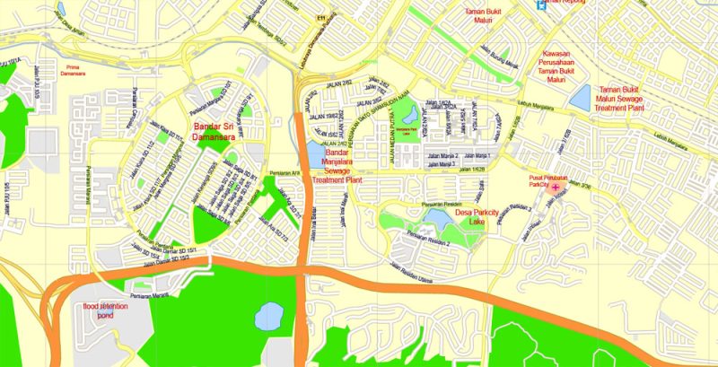 Printable Map Kuala Lumpur, Malaysia, exact vector street G-view Level 15 (500 meters) map, full editable, Adobe illustrator, full vector, scalable, editable, text format street names, 16 mb ZIP