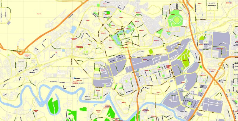 Printable Map Kuala Lumpur, Malaysia, exact vector street G-view Level 15 (500 meters) map, full editable, Adobe illustrator, full vector, scalable, editable, text format street names, 16 mb ZIP