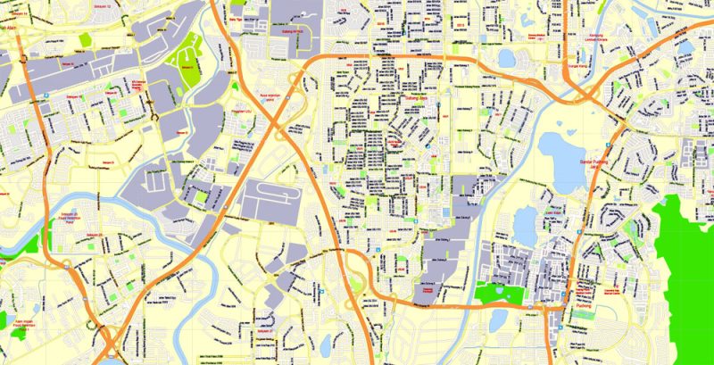 Printable Map Kuala Lumpur, Malaysia, exact vector street G-view Level 15 (500 meters) map, full editable, Adobe illustrator, full vector, scalable, editable, text format street names, 16 mb ZIP