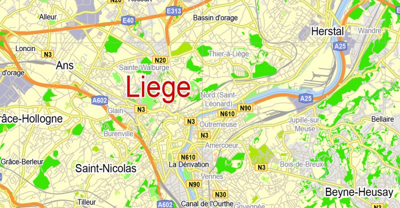 Printable Map Liege, Belgium, exact vector map Adobe Illustrator editable, G-View level 12 (2000 meters), full vector, scalable, editable, text format label names, 1 mb ZIP