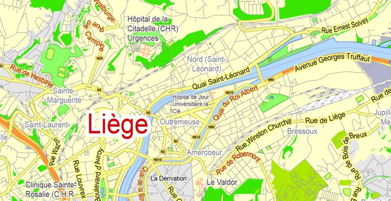 Printable Map Liege, Belgium, exact vector map Adobe Illustrator editable, G-View level 13 (2000 meters), full vector, scalable, editable, text format street names, 2 mb ZIP