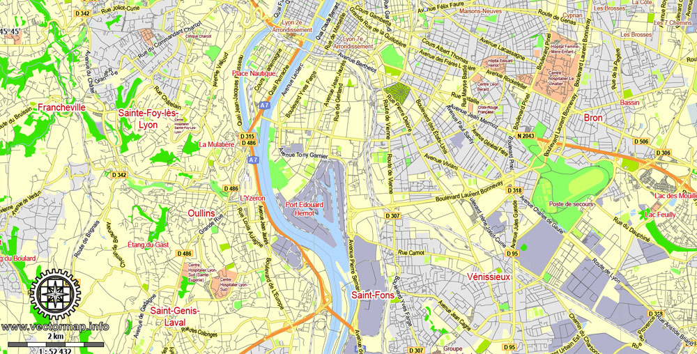 Printable Map Lyon, France, exact vector street G-view Level 13 (2.000 meters) map, full editable, Adobe illustrator, full vector, scalable, editable, text format street names, 3 mb ZIP