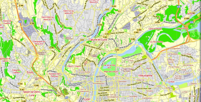 Lyon, France, printable vector street G-view Level 13  (2.000 meters) map, full editable, Adobe illustrator