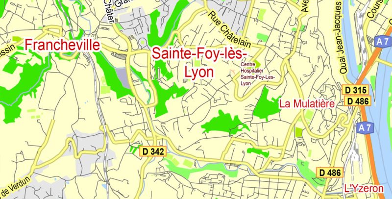 Printable Map Lyon, France, exact vector street G-view Level 13 (2.000 meters) map, full editable, Adobe illustrator, full vector, scalable, editable, text format street names, 3 mb ZIP