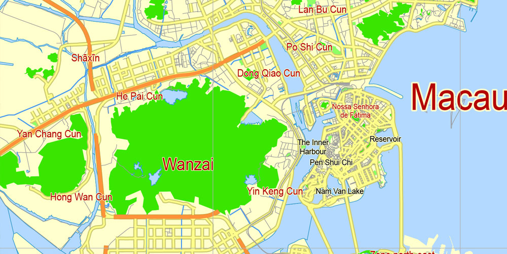 Macau Map PDF China, printable vector City Plan 5 km scale full editable in ENGLISH Adobe PDF Street Map