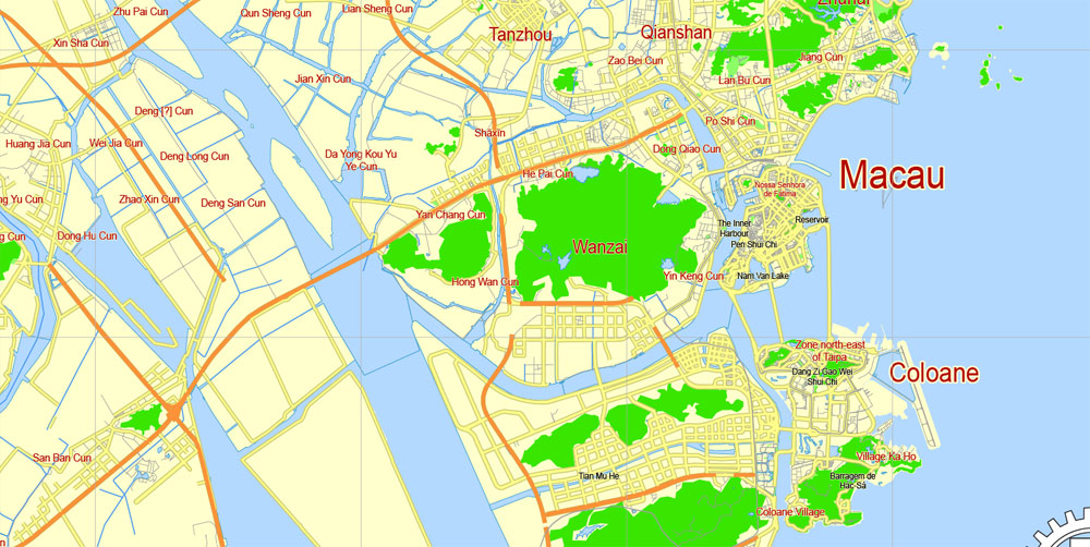 Macau Map PDF China, printable vector City Plan 5 km scale full editable in ENGLISH Adobe PDF Street Map