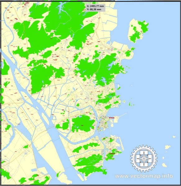 Macau Map PDF China, printable vector City Plan 5 km scale full