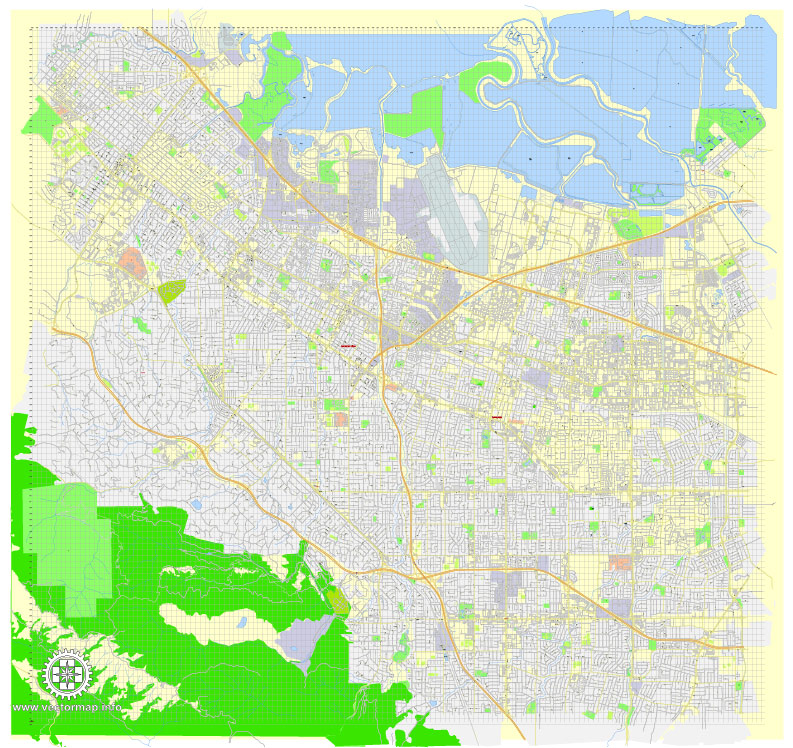 Printable Map Mountain View, California, US, exact vector street G-View Level 17 map (100 meters scale), full editable, Adobe Illustrator, full vector, scalable, editable, text format street names, 10 Mb ZIP.