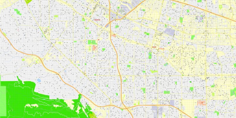 Printable Map Mountain View, California, US, exact vector street G-View Level 17 map (100 meters scale), full editable, Adobe Illustrator, full vector, scalable, editable, text format street names, 10 Mb ZIP.