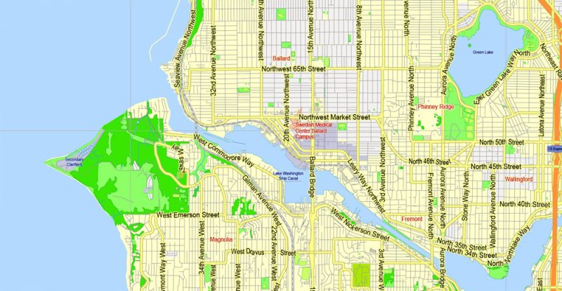 Printable Map Seattle Large Area with neighborhood, Washington, US, exact vector street G-View level 13 (2000 meter scale) map V2.10, full editable, Adobe Illustrator, full vector, scalable, editable text format street names, 18 mb ZIP