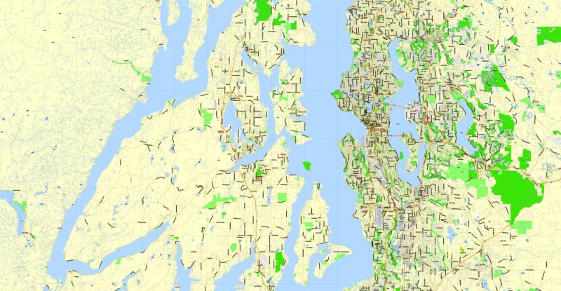 Seattle Map Large Area with neighborhood, state Washington, US, exact vector street map 2000 meter scale V2.10, full editable, Adobe Illustrator