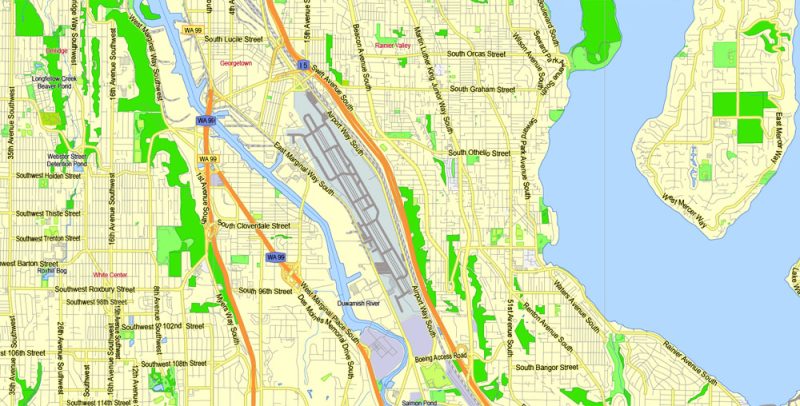 Printable Map Seattle Area with suburbans, Washington, US, exact vector streetG-View level 13 (200 meter scale) map V1.10, full editable, Adobe Illustrator, full vector, scalable, editable text format street names, 17 mb ZIP