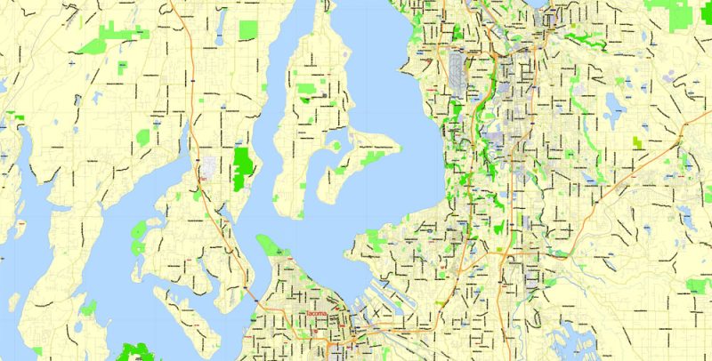 Printable Map Seattle Area with suburbans, Washington, US, exact vector streetG-View level 13 (200 meter scale) map V1.10, full editable, Adobe Illustrator, full vector, scalable, editable text format street names, 17 mb ZIP