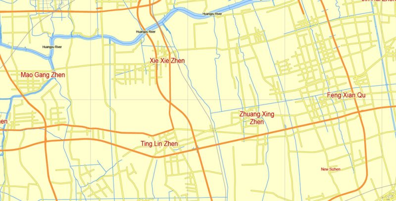 Shanghai PDF Map China printable vector City Plan 5 km scale full editabale in ENGLISH, Adobe PDF Street Map